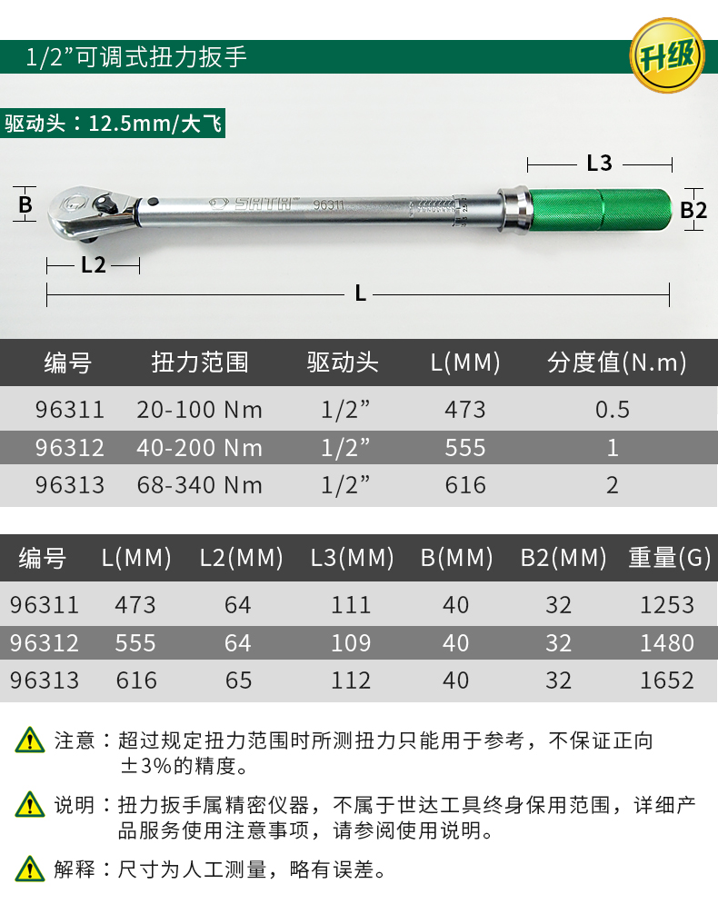 世达扭力扳手棘轮可调式扭力扳手工业级大力矩汽修工具扭矩扳手 1/2